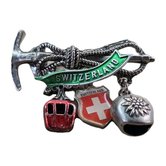 Switzerland Hat Lapel Pin  3 Charms Bell First Aid - Picture 1 of 12